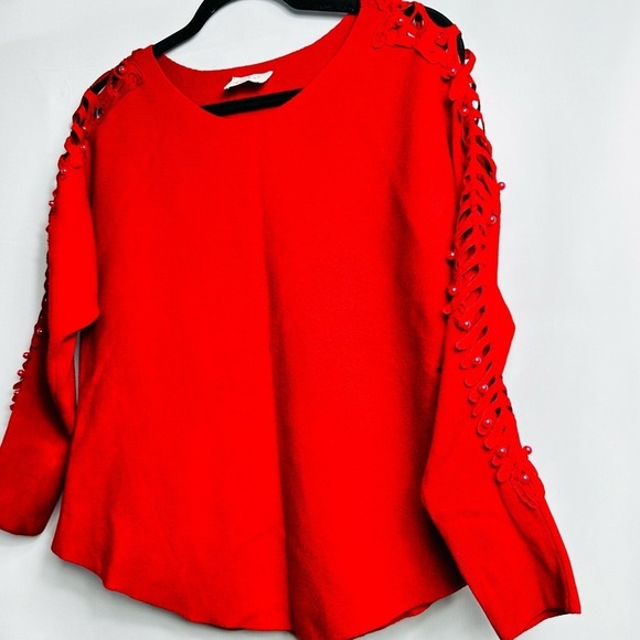 Ember Women’s Sz Medium Red Pearl & Fishtail Accents Long Sleeve Sweater Top - Picture 2 of 7